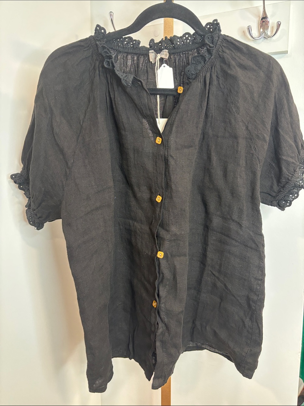 Black Lace-Trim Button Down Linen Top - Picture 6 of 6
